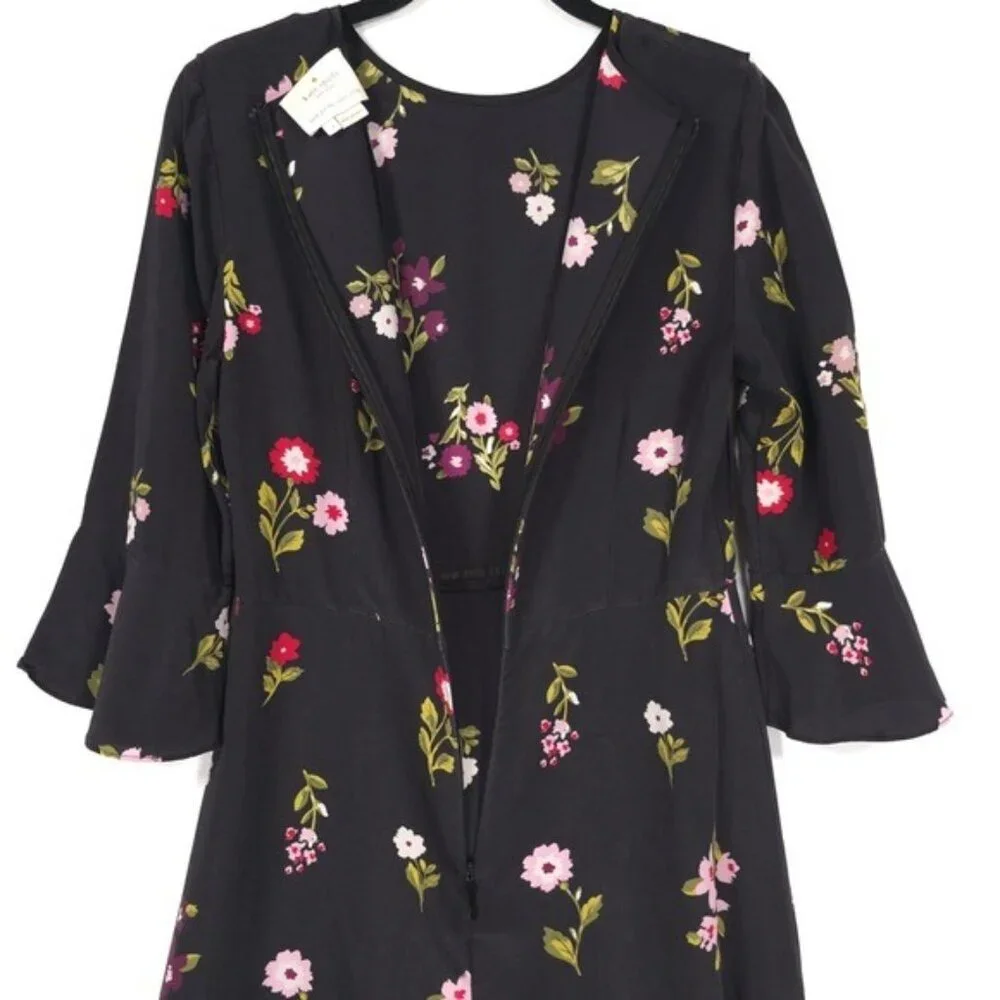 Kate Spade‎ 100% SILK In Bloom Ruffle Dress Women’s Size 2 Black Floral